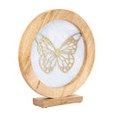 14" W Butterfly Theme Round Decorative Stained Glass & Metal Stand with Wood Frame