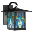 River of Goods Aqua and Amber Stained Glass and Black 1-Light Outdoor Lantern Wall Sconce