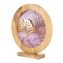 14" W Ginkgo Leaf Theme Round Decorative Stained Glass & Metal Stand with Wood Frame