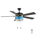 52" W Lark Tiffany Stained Glass Blue and Oil Rubbed Bronze Ceiling Fan with Remote Control