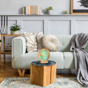 14" W Ginkgo Leaf Theme Round Decorative Stained Glass & Metal Stand with Wood Frame