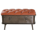 17"H Tufted Faux Leather & Distressed Metal Storage Bench