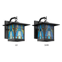 River of Goods Aqua and Amber Stained Glass and Black 1-Light Outdoor Lantern Wall Sconce