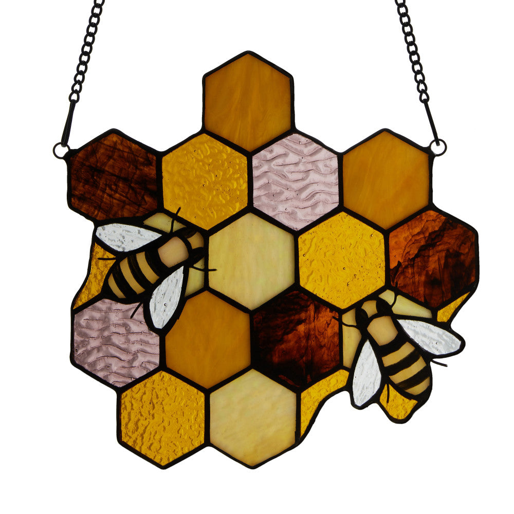 River of Goods Cassie Honeycomb Bees Stained Glass Window Panel