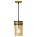 6.5" 1-Light Gold Pendant Light with Textured Glass Brown Mango Wood and Amber Glass Cylinder Shade